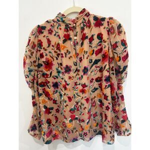French Connection Floral Velvet Burnout Blouse Puff Sleeve Large